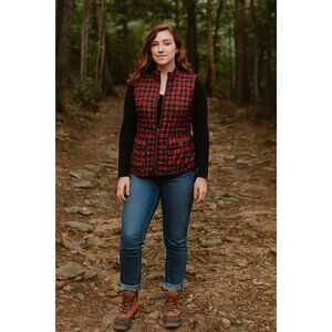 River Rose Plaid Quilted Puffer Vest L Red & Black Cottagecore Preppy Outerwear